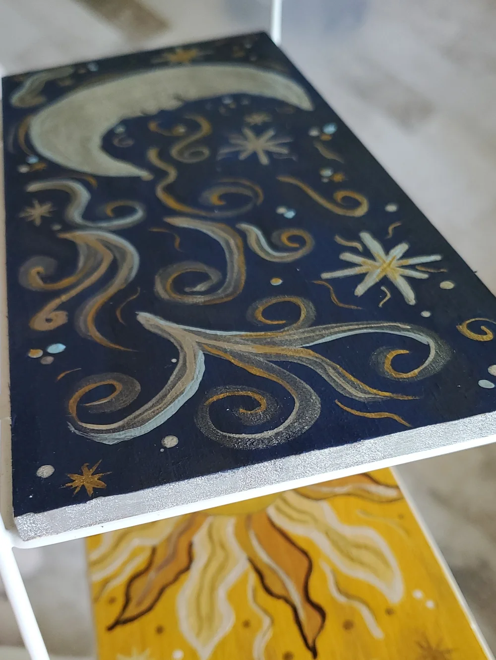 Hand Painted Sun & Moon Painted Two-Tier Wooden Home Accent Organizer Shelf